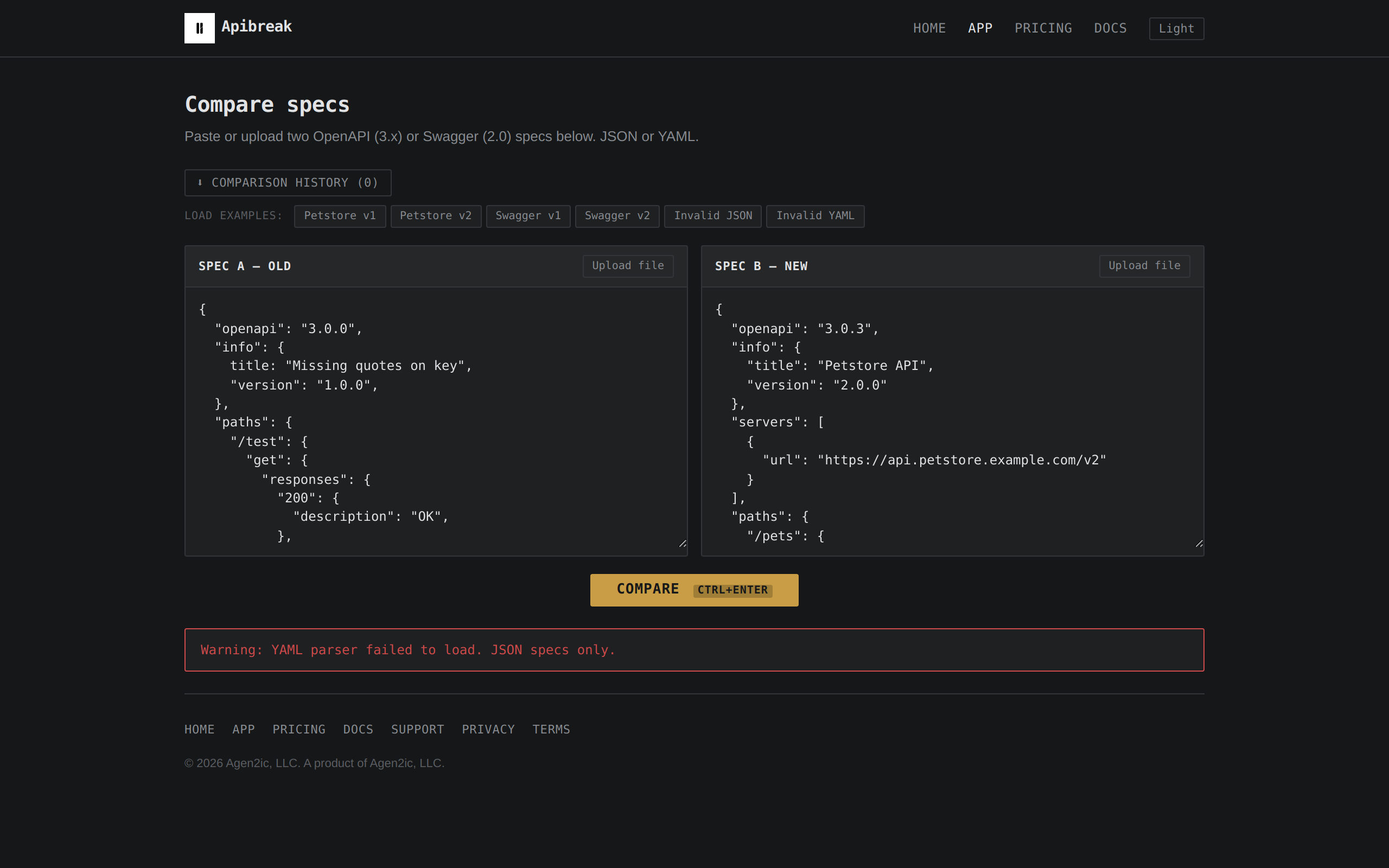 The Apibreak app interface: two side-by-side spec editors with sample JSON pet store APIs, a gold COMPARE button below them, and sample load buttons above. Dark mode.
